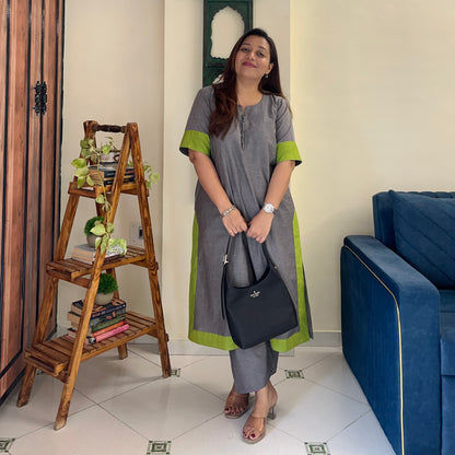 Mira Cotton Co-ord Set - Grey & Lime Green