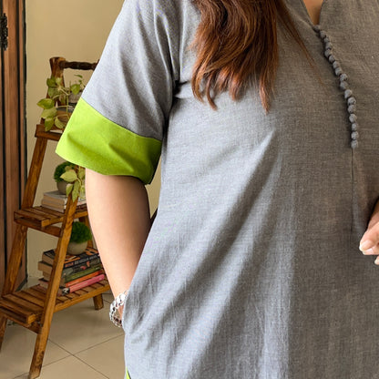 Mira Cotton Co-ord Set - Grey & Lime Green