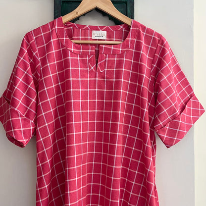 The Check Edit Handloom Kurta - Sunkist Coral