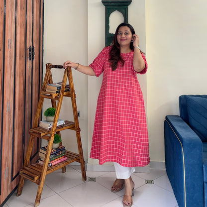 The Check Edit Handloom Kurta - Sunkist Coral
