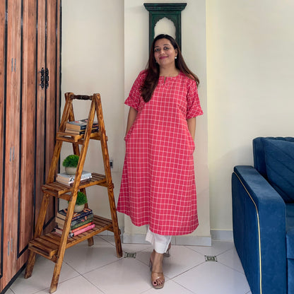 The Check Edit Handloom Kurta - Sunkist Coral