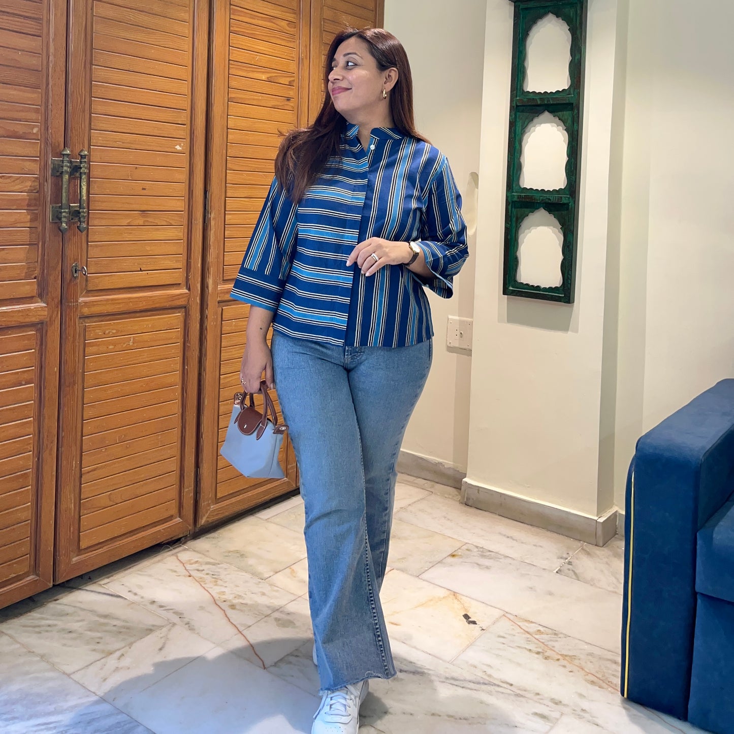 Stripes Handblock Printed Top - Blue