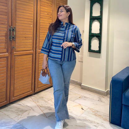 Stripes Handblock Printed Top - Blue