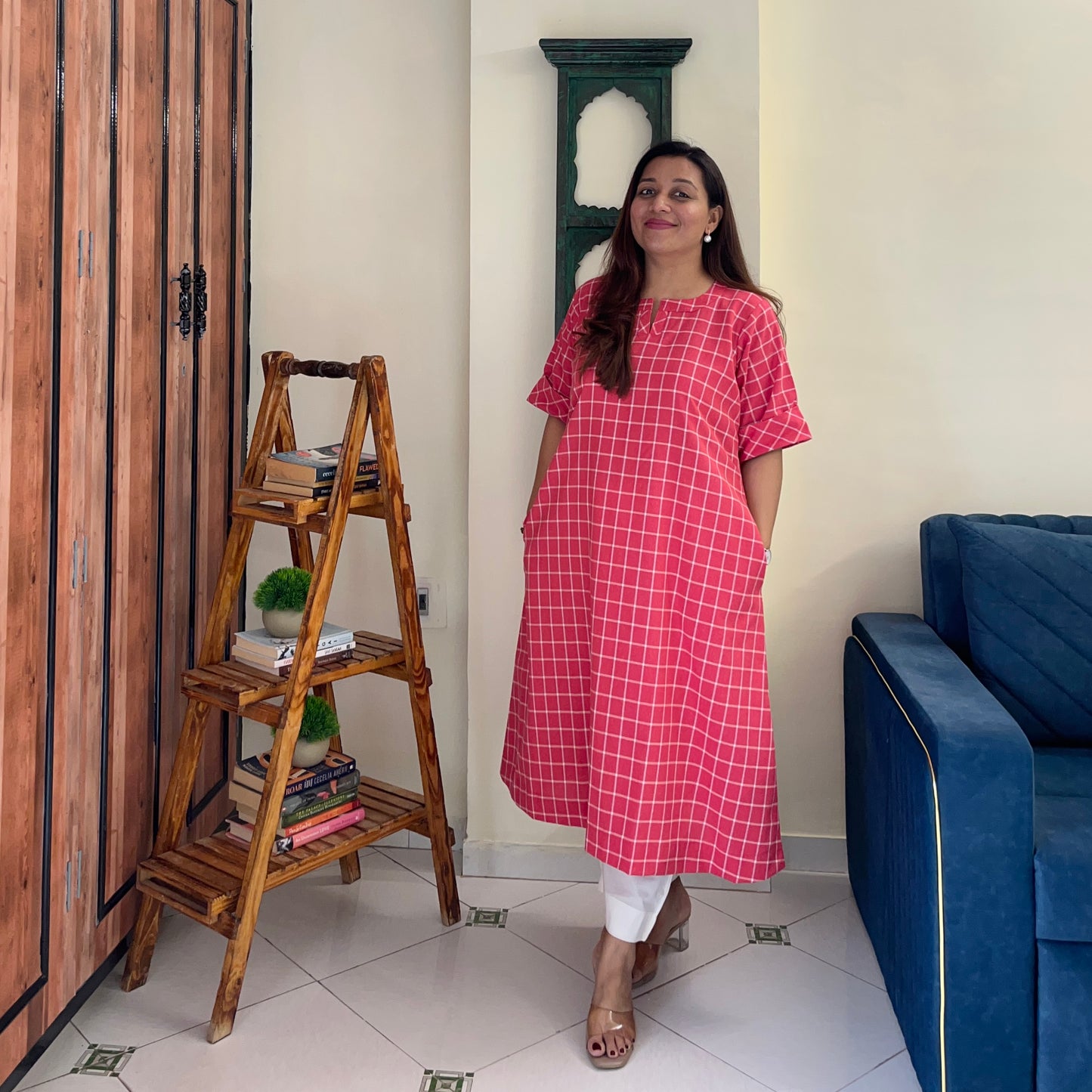 The Check Edit Handloom Kurta - Sunkist Coral