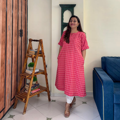 The Check Edit Handloom Kurta - Sunkist Coral