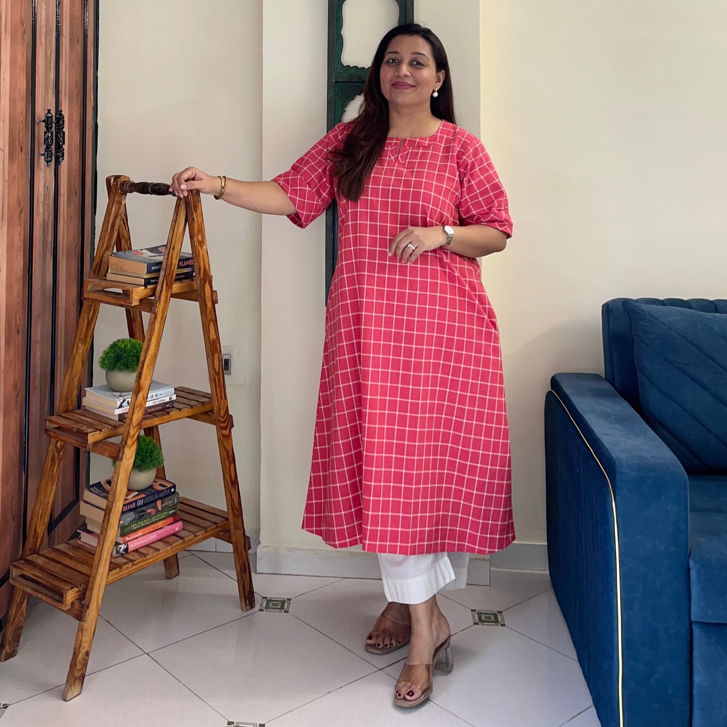 The Check Edit Handloom Kurta - Sunkist Coral