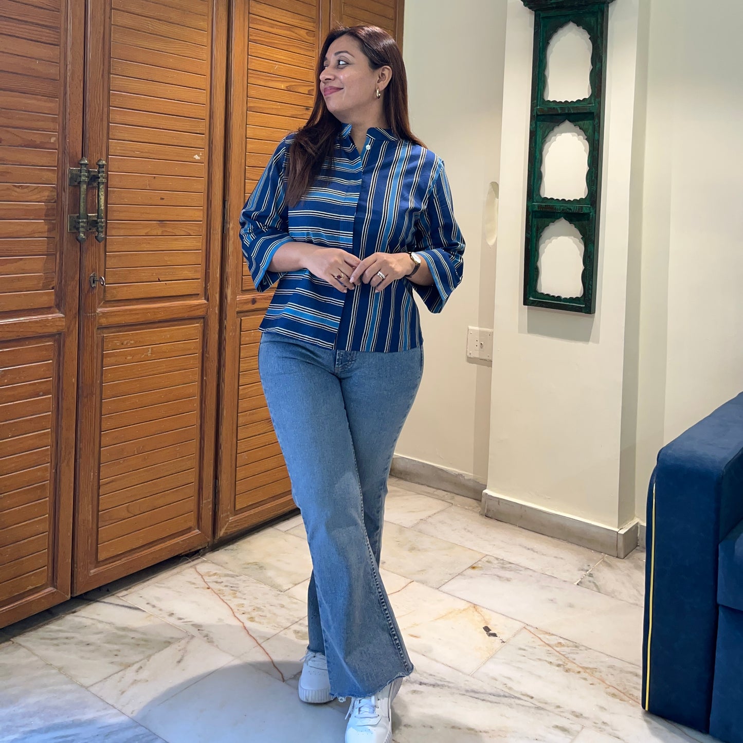 Stripes Handblock Printed Top - Blue