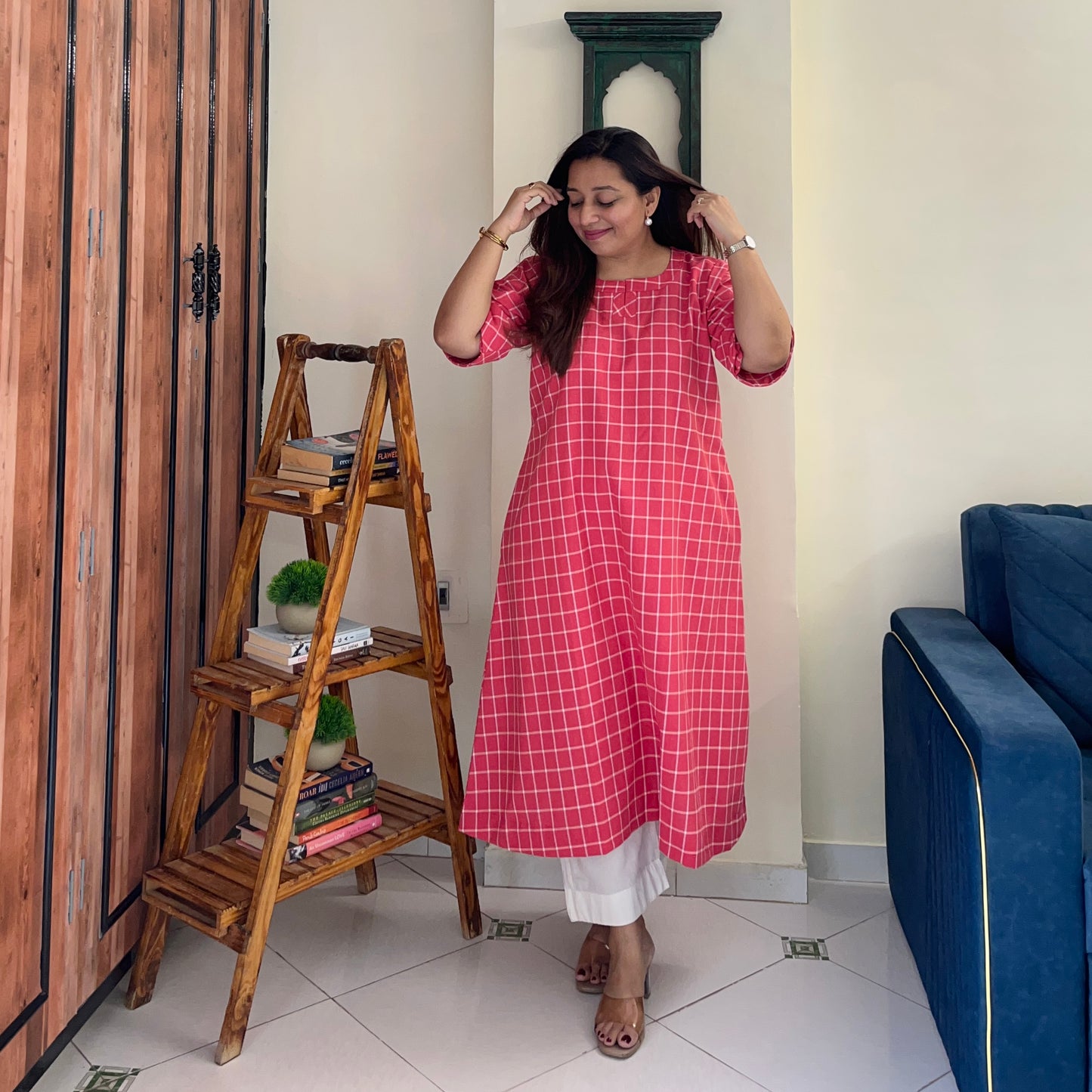 The Check Edit Handloom Kurta - Sunkist Coral