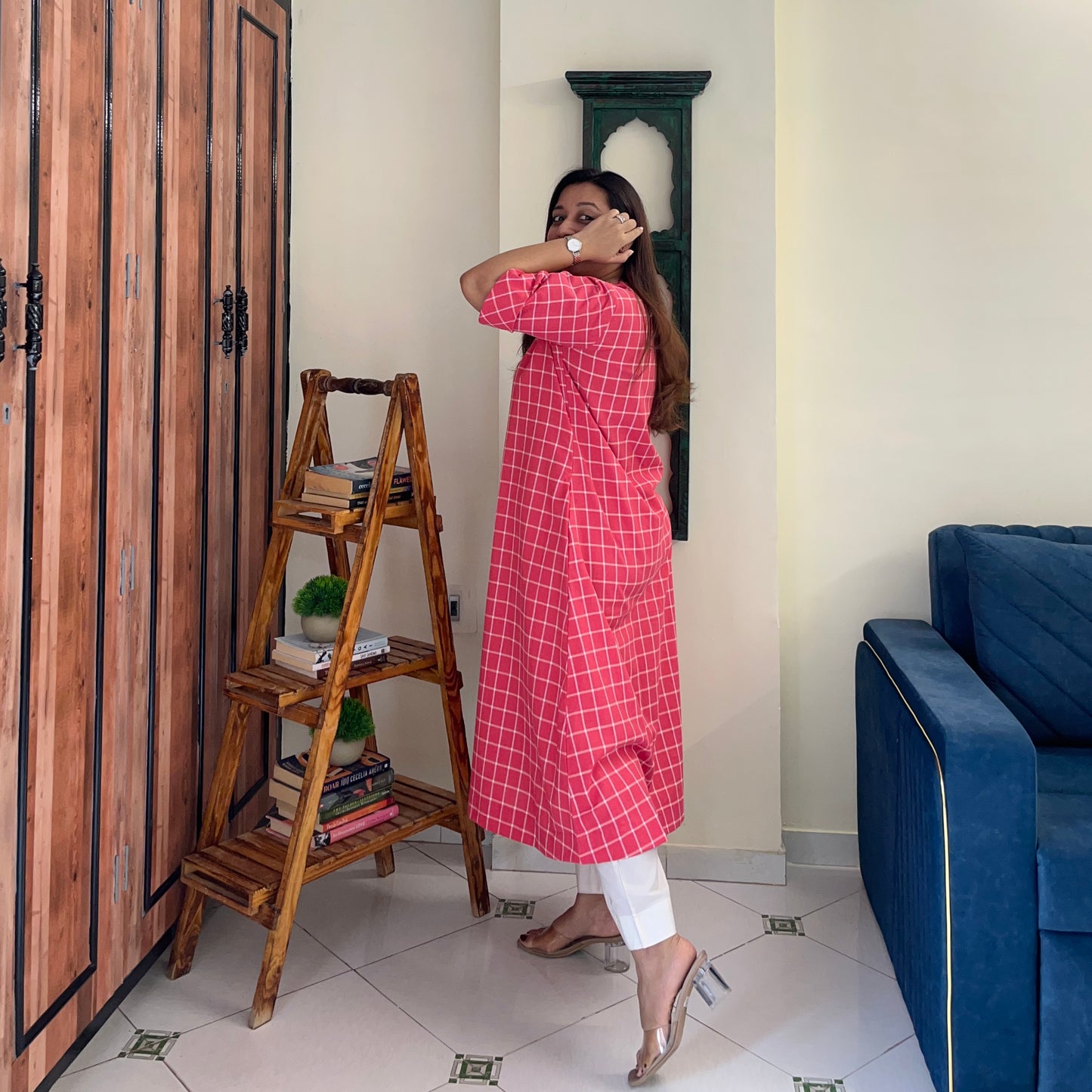 The Check Edit Handloom Kurta - Sunkist Coral