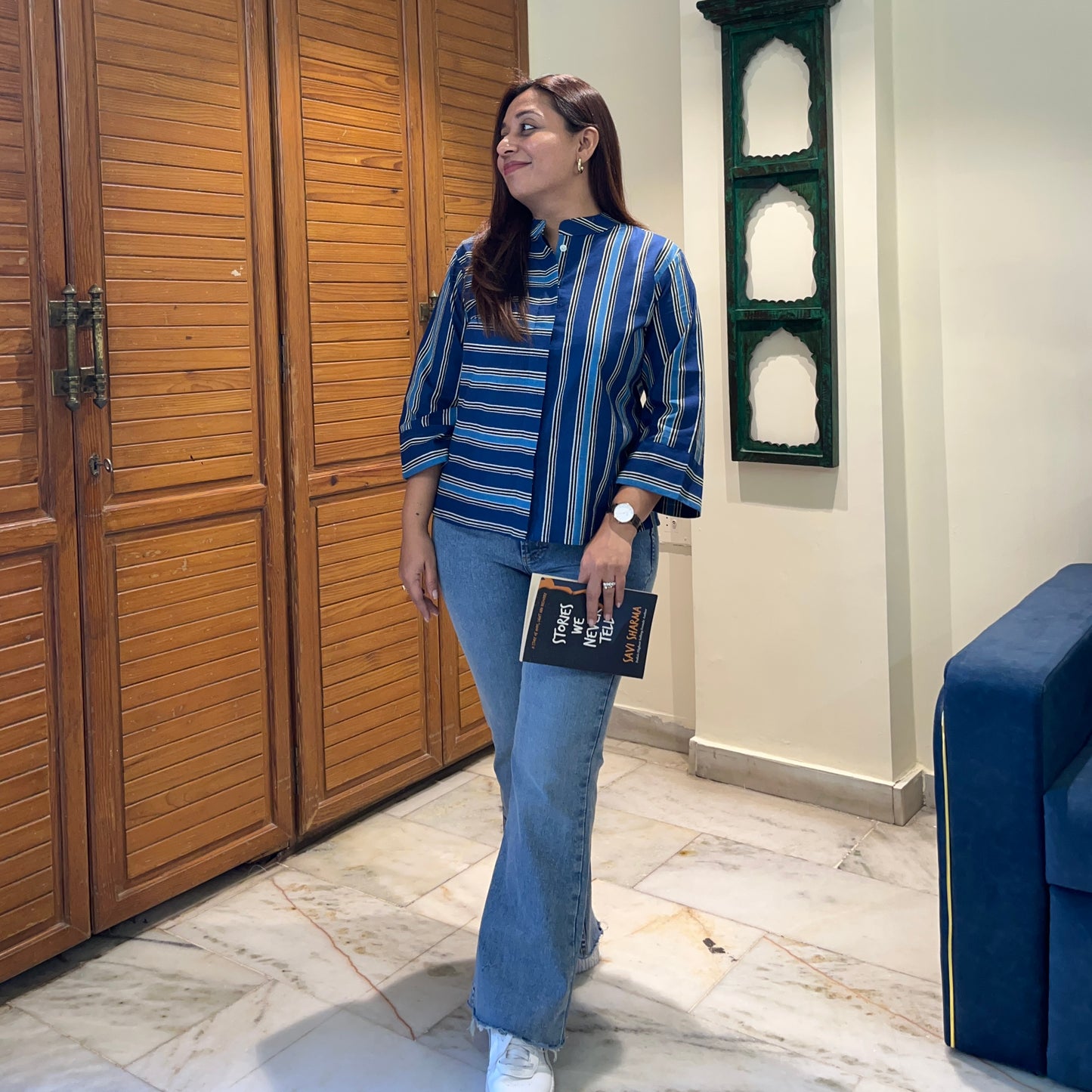 Stripes Handblock Printed Top - Blue