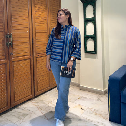 Stripes Handblock Printed Top - Blue