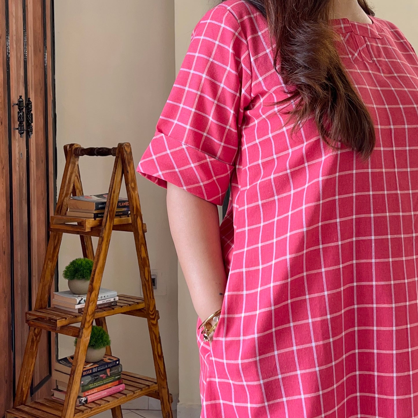 The Check Edit Handloom Kurta - Sunkist Coral