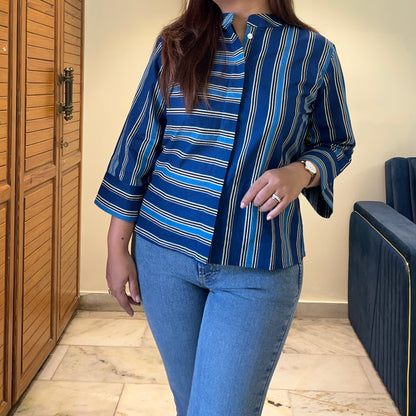 Stripes Handblock Printed Top - Blue