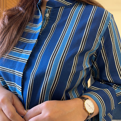 Stripes Handblock Printed Top - Blue
