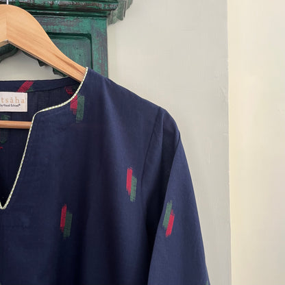 Arth Handwoven Kurta Set - Ink Blue & Green Checks