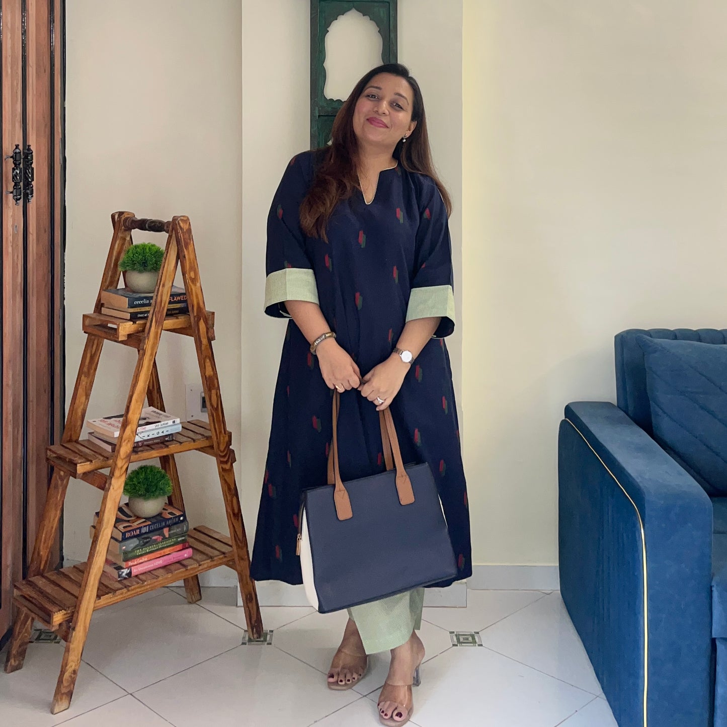 Arth Handwoven Kurta Set - Ink Blue & Green Checks