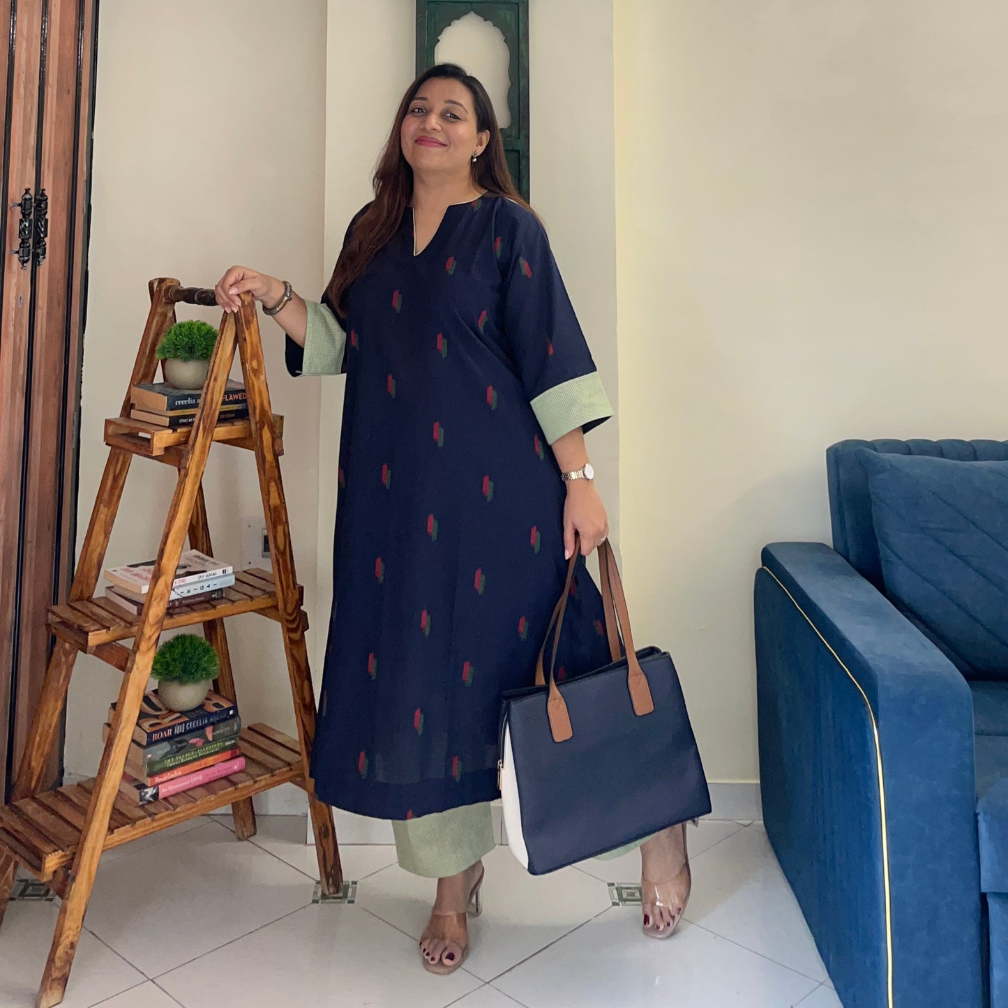 Arth Handwoven Kurta Set - Ink Blue & Green Checks