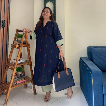 Arth Handwoven Kurta Set - Ink Blue & Green Checks