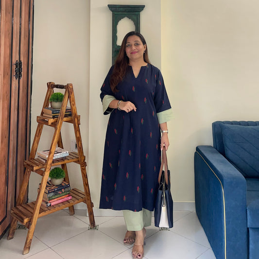 Arth Handwoven Kurta Set - Ink Blue & Green Checks
