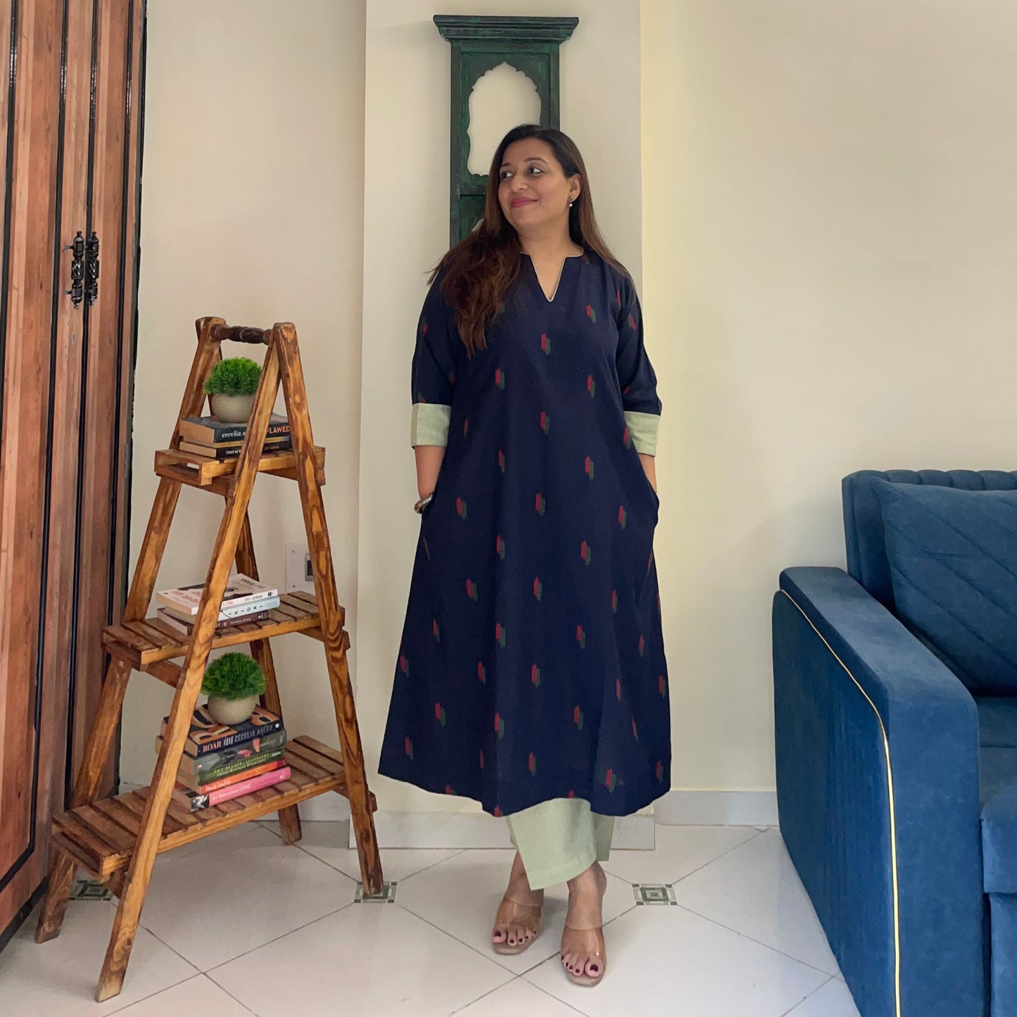 Arth Handwoven Kurta Set - Ink Blue & Green Checks