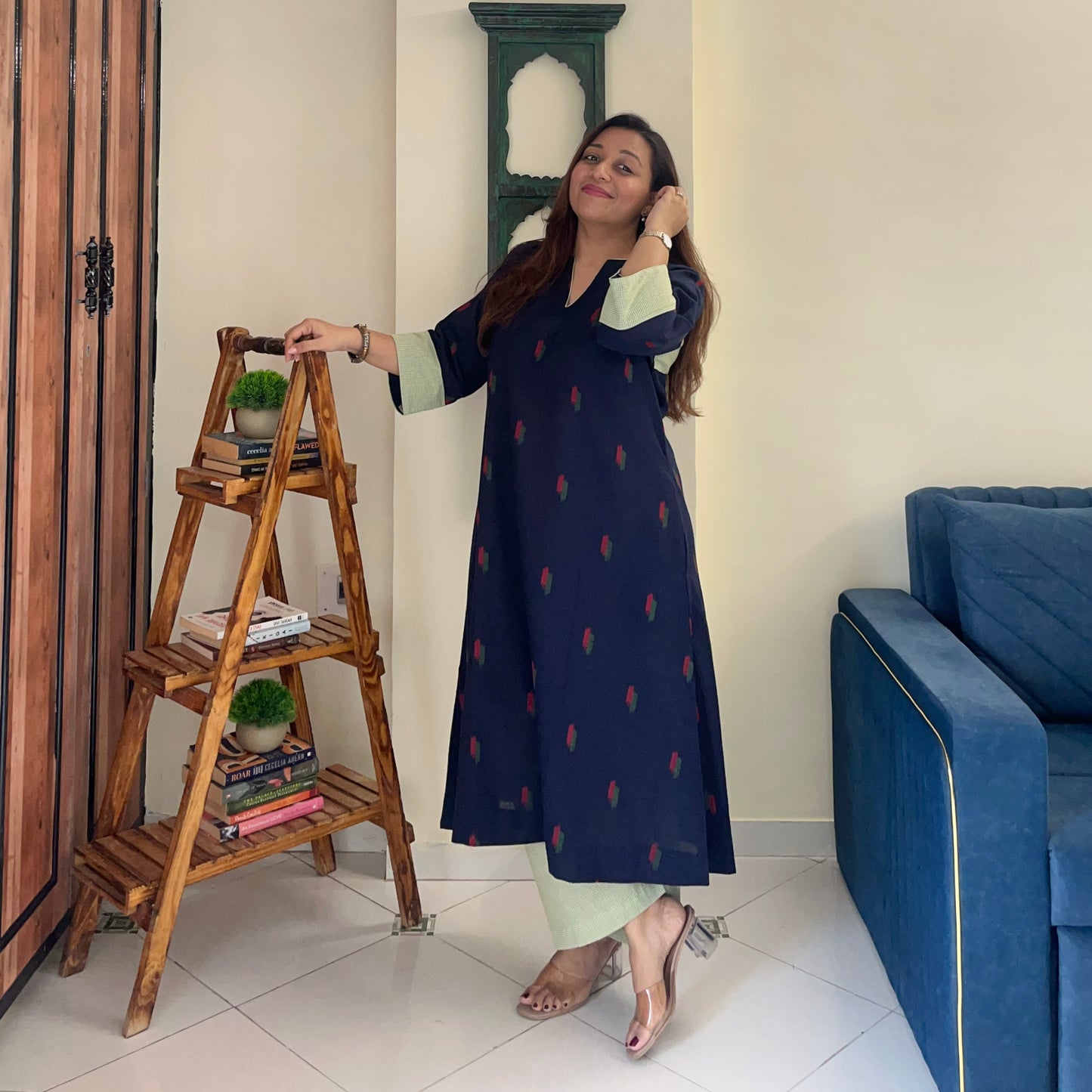 Arth Handwoven Kurta Set - Ink Blue & Green Checks