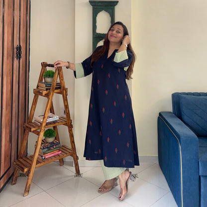 Arth Handwoven Kurta Set - Ink Blue & Green Checks