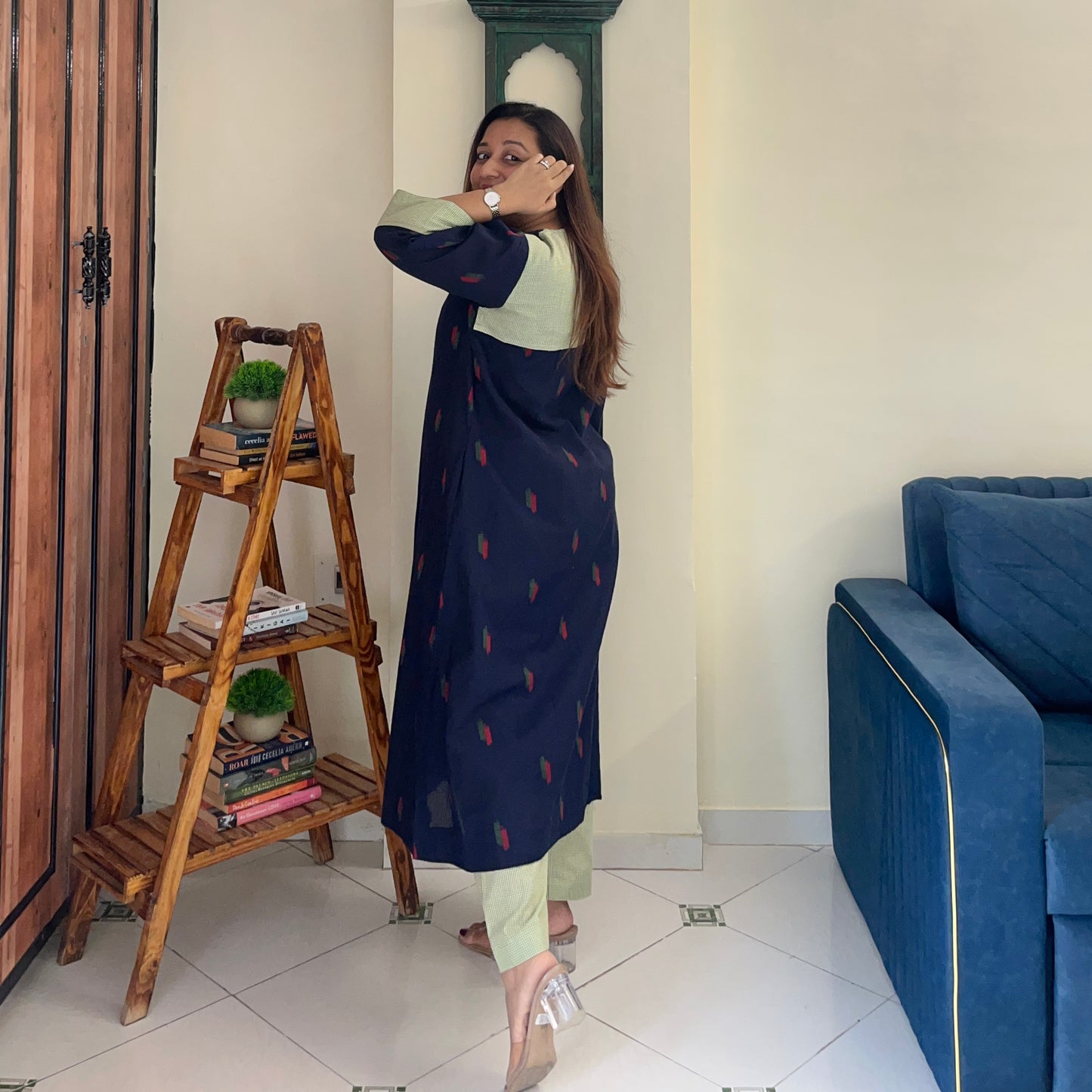 Arth Handwoven Kurta Set - Ink Blue & Green Checks
