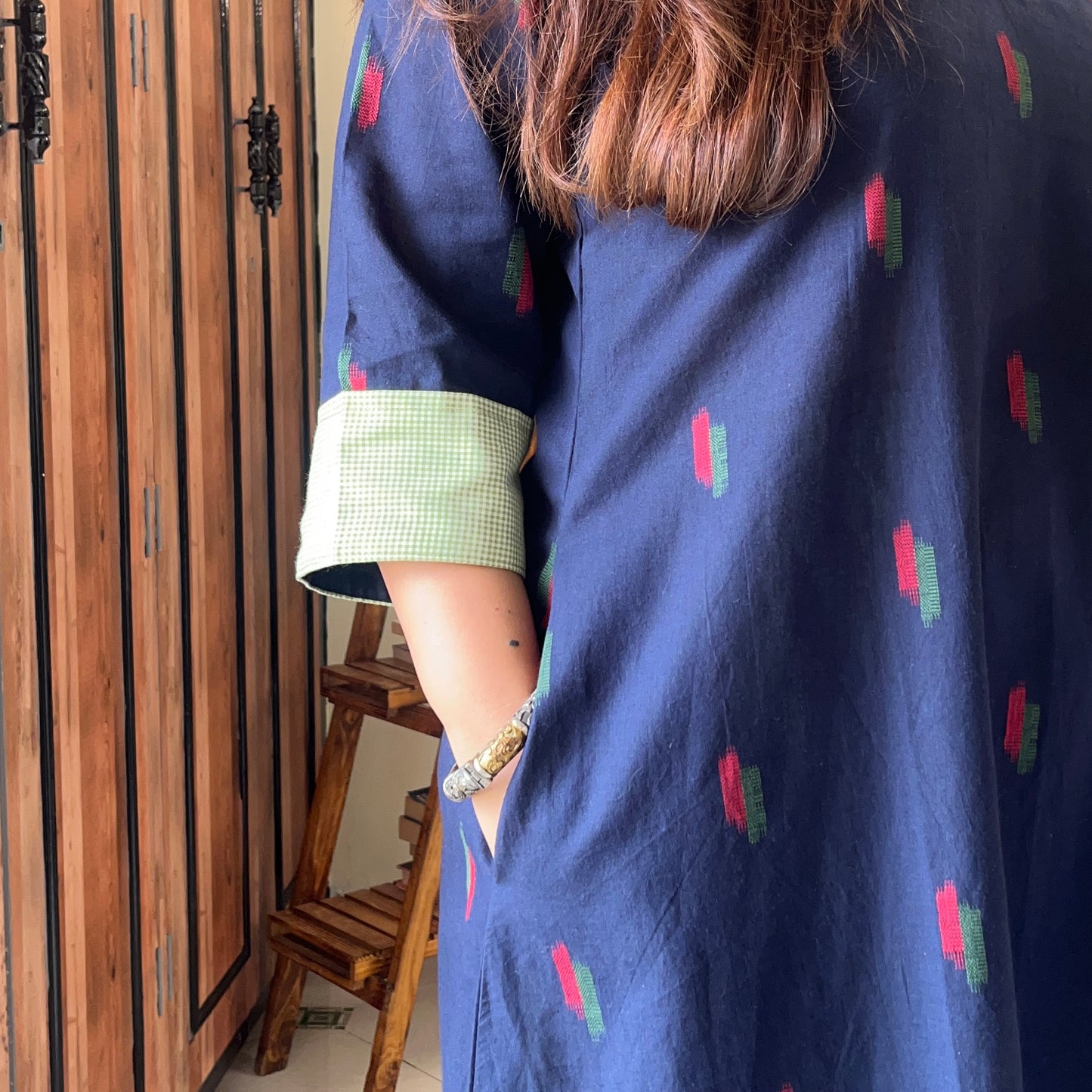 Arth Handwoven Kurta Set - Ink Blue & Green Checks