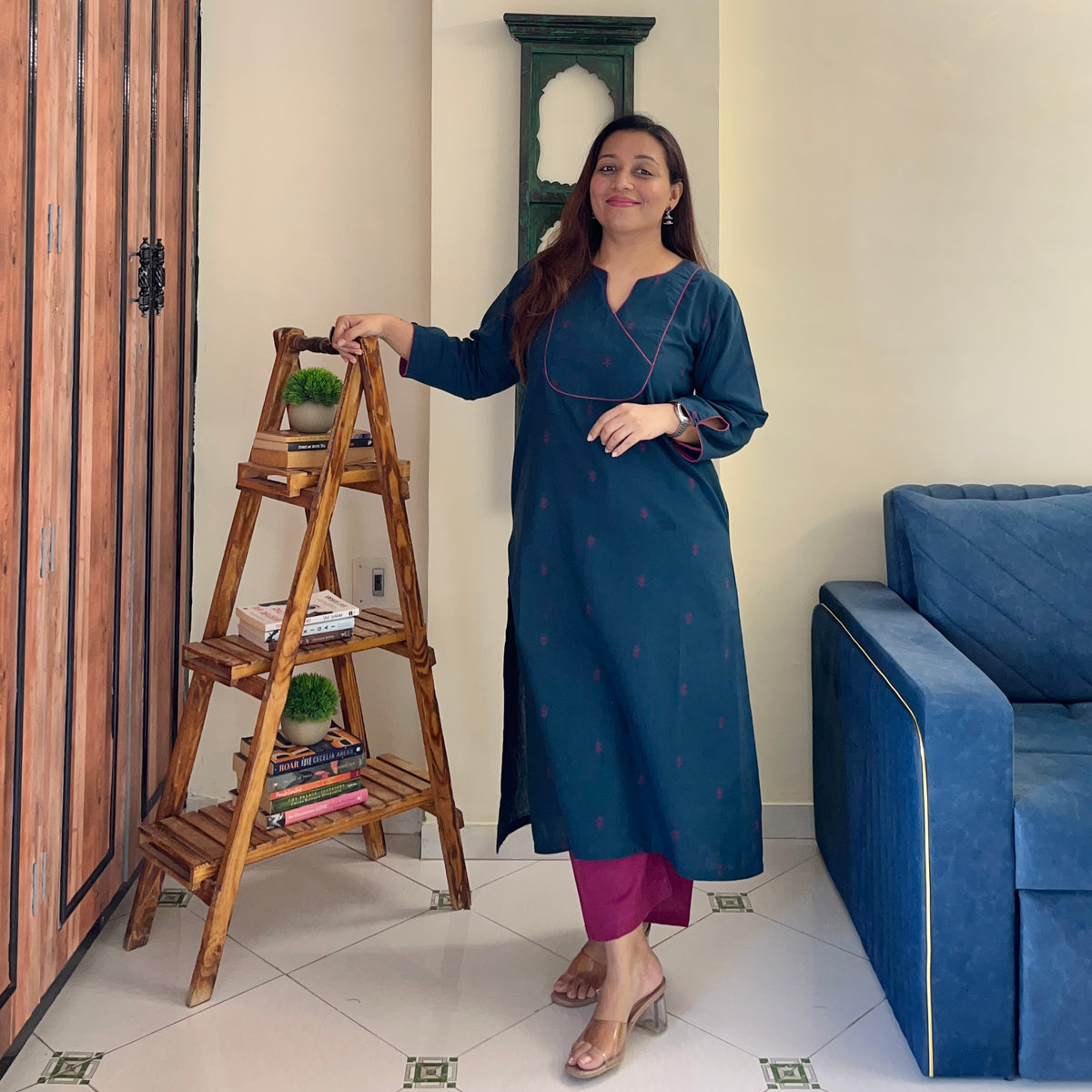 Arth Handwoven Kurta Set - Deep Blue & Magenta