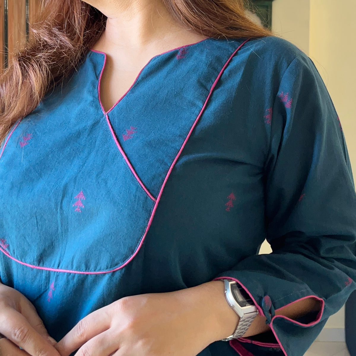 Arth Handwoven Kurta Set - Deep Blue & Magenta