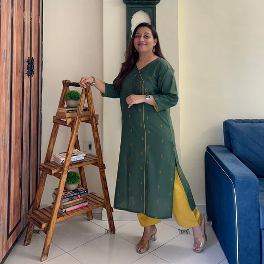 Arth Handwoven Kurta Set - Green & Yellow