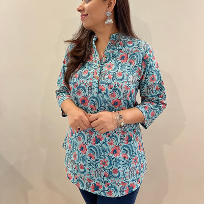 Navya Pure Cotton Top - Blue Floral