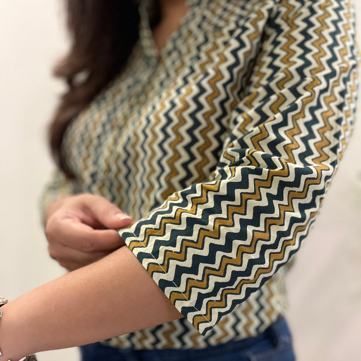 Navya Pure Cotton Top - Mustard Chevron