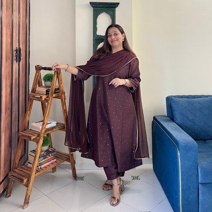 Rangrez Festive Edit - Brown (Kurta, Pant & Dupatta)