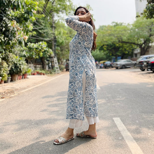 Rozana Everyday Handblock Printed Kurta_Blue & White