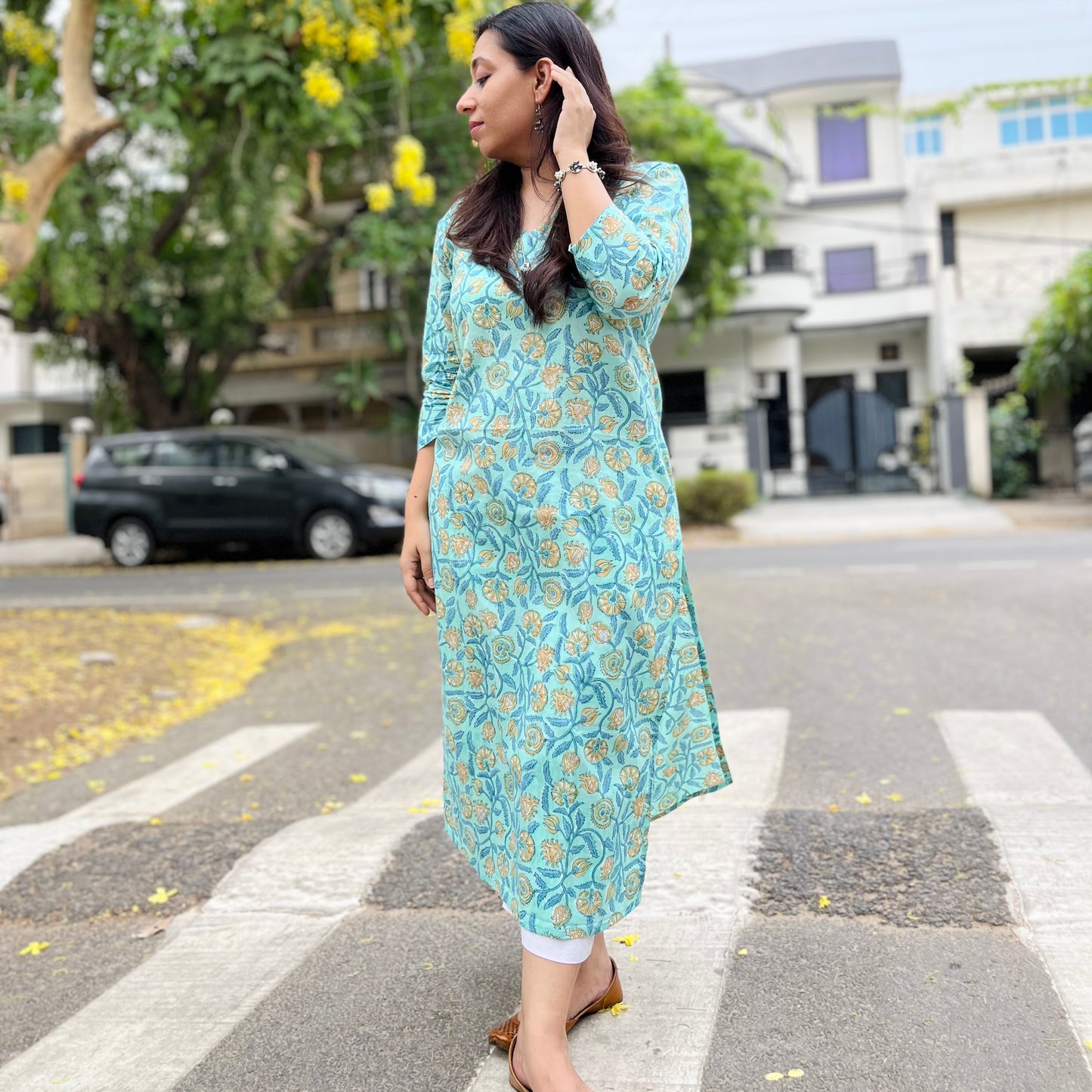 Rozana Everyday Handblock Printed Kurta_Turquoise