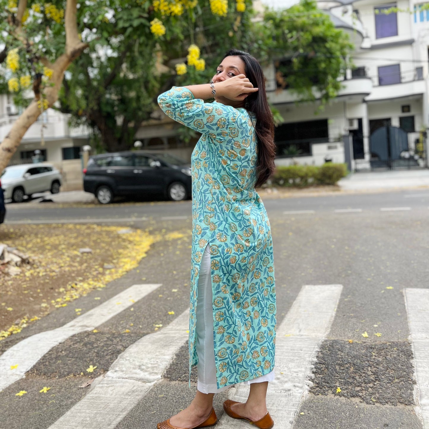 Rozana Everyday Handblock Printed Kurta_Turquoise