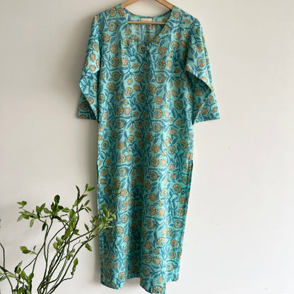 Rozana Everyday Handblock Printed Kurta_Turquoise