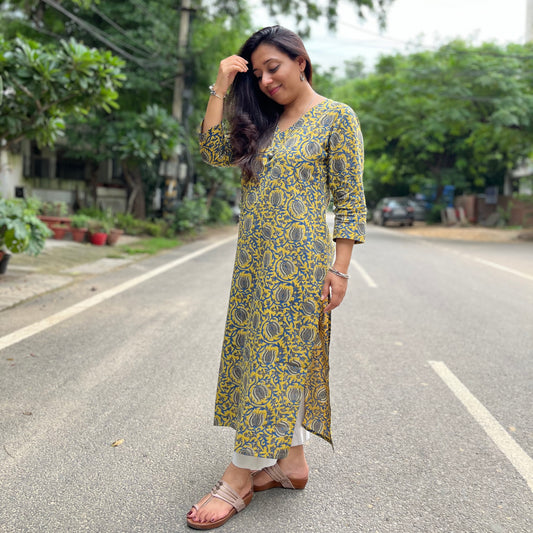 Rozana Everyday Handblock Printed Kurta_Mustard & Blue