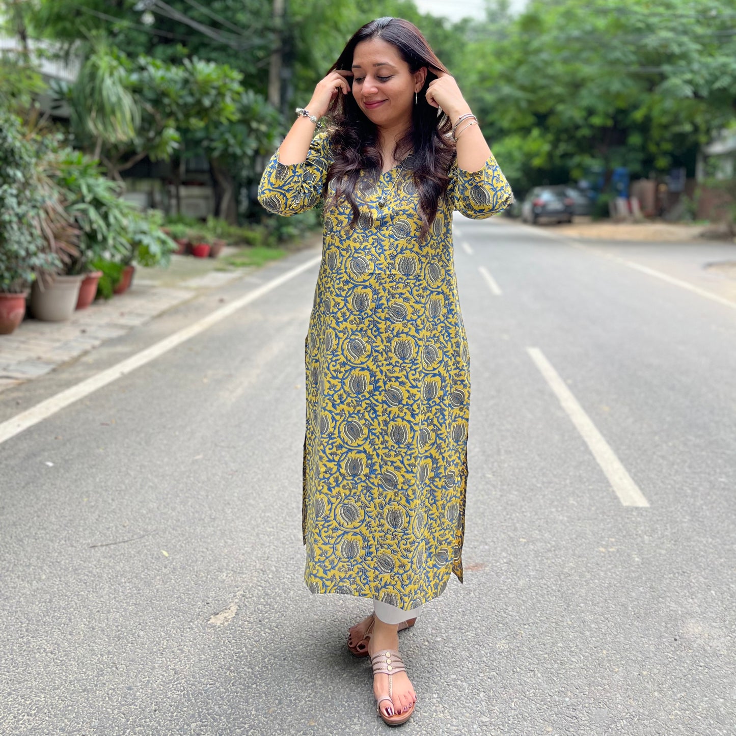 Rozana Everyday Handblock Printed Kurta_Mustard & Blue