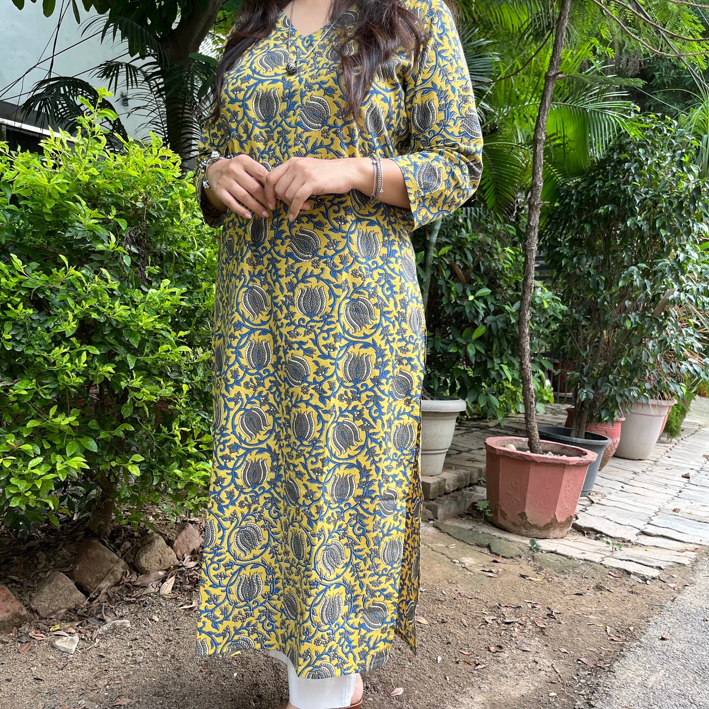 Rozana Everyday Handblock Printed Kurta_Mustard & Blue