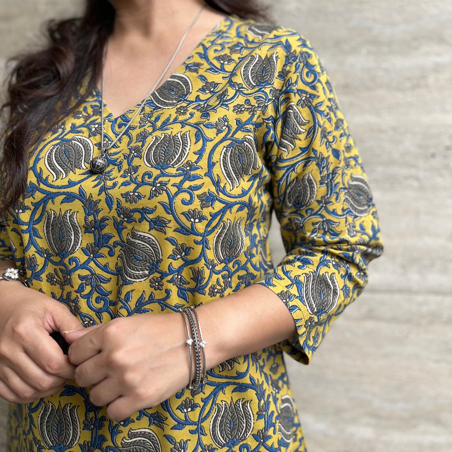 Rozana Everyday Handblock Printed Kurta_Mustard & Blue