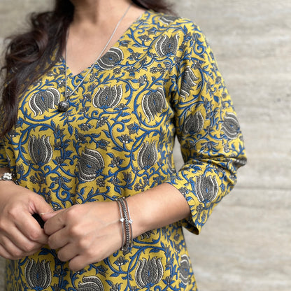 Rozana Everyday Handblock Printed Kurta_Mustard & Blue