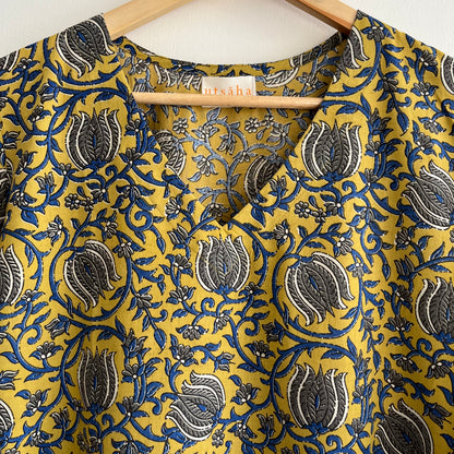 Rozana Everyday Handblock Printed Kurta_Mustard & Blue