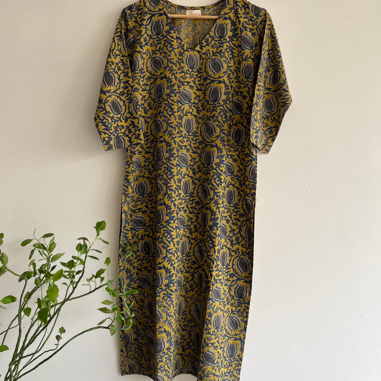 Rozana Everyday Handblock Printed Kurta_Mustard & Blue