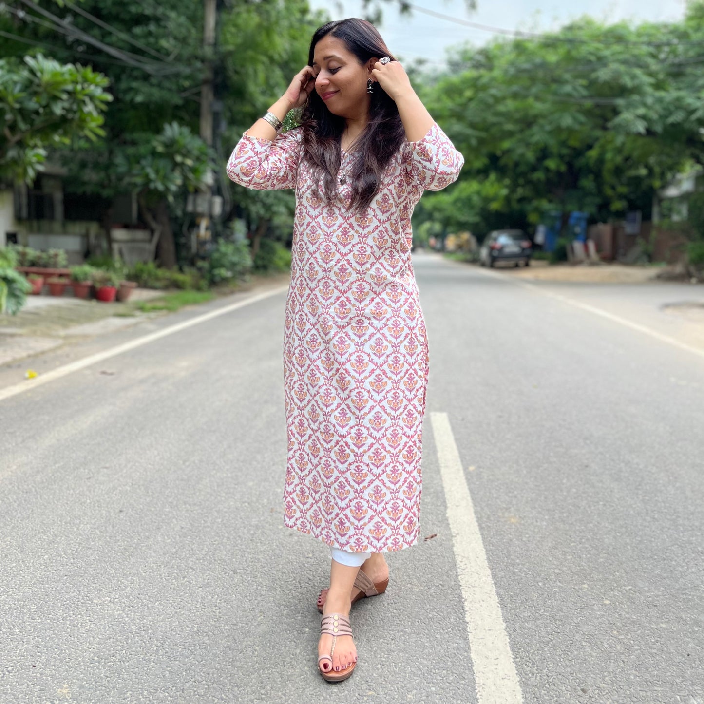 Rozana Everyday Handblock Printed Kurta_Pink & White