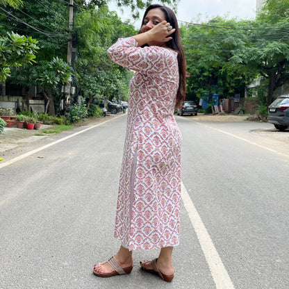 Rozana Everyday Handblock Printed Kurta_Pink & White