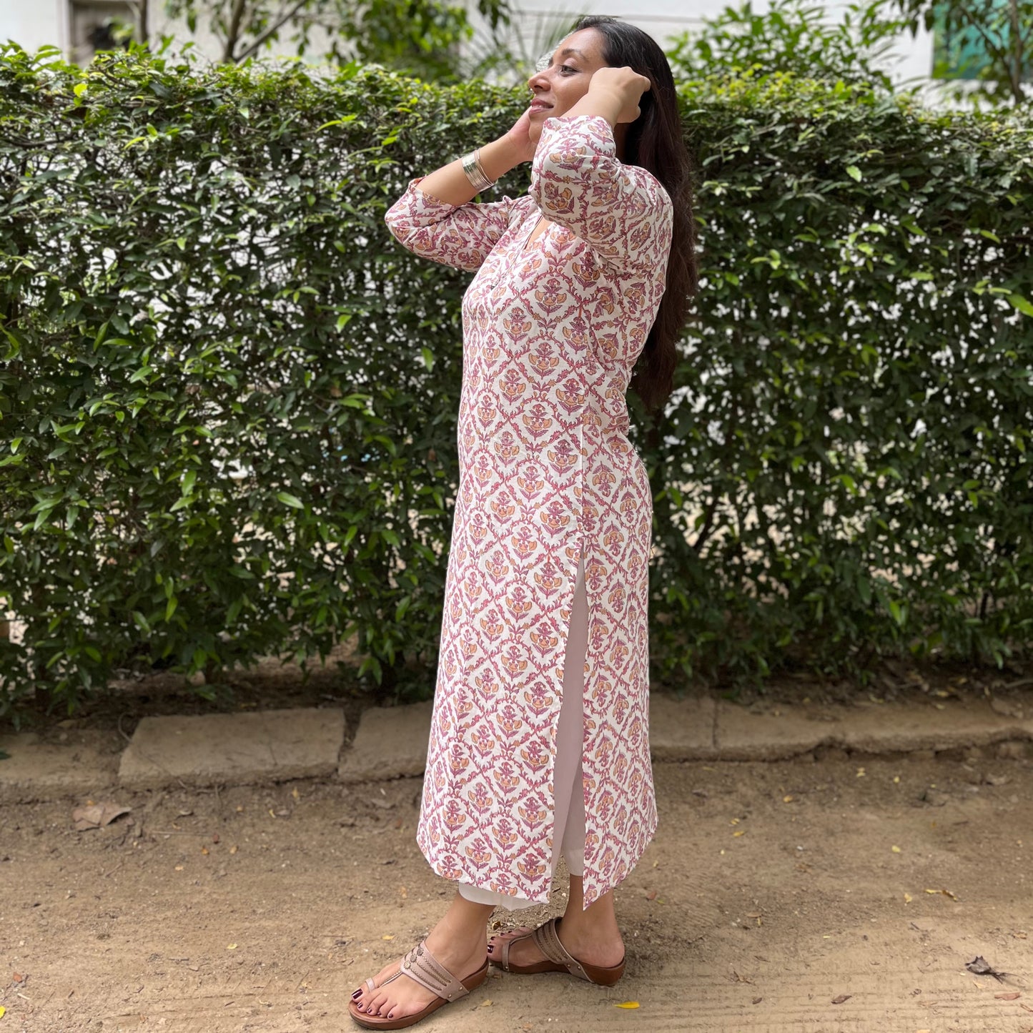 Rozana Everyday Handblock Printed Kurta_Pink & White