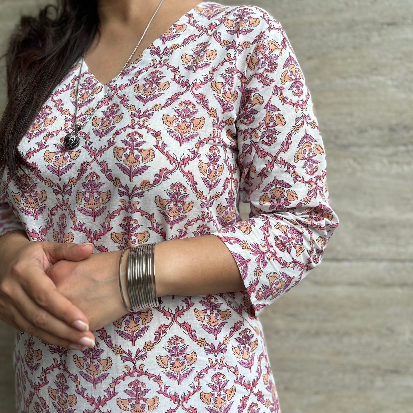 Rozana Everyday Handblock Printed Kurta_Pink & White