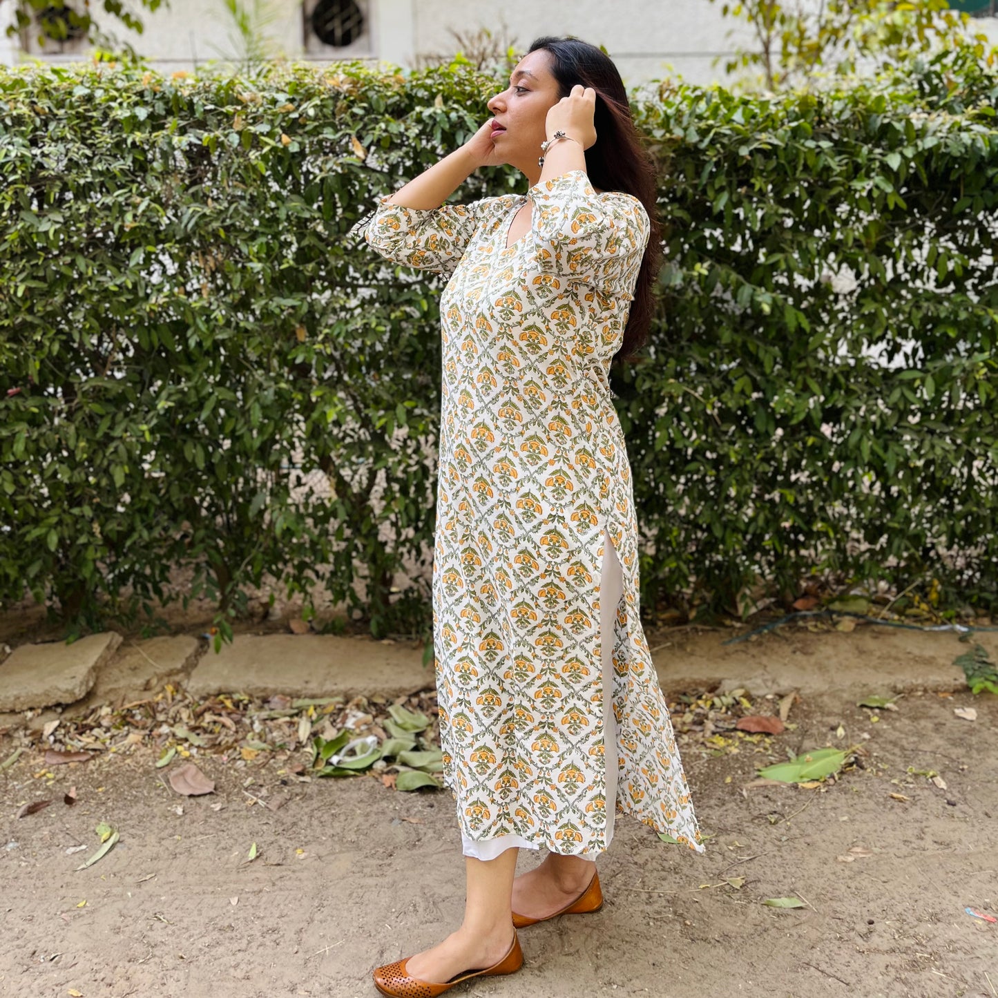 Rozana Everyday Handblock Printed Kurta_Yellow & White